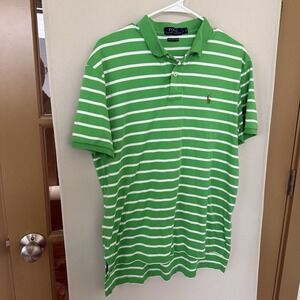 Polo Ralph Lauren Mens Large Green White Stripe Short‎ Sleeve Polo Shirt Top